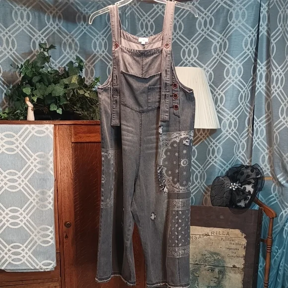 Gray Paisley Distressed Crop Denim Dungarees Bib Overall Jumper Oversized Lg - Picture 1 of 12